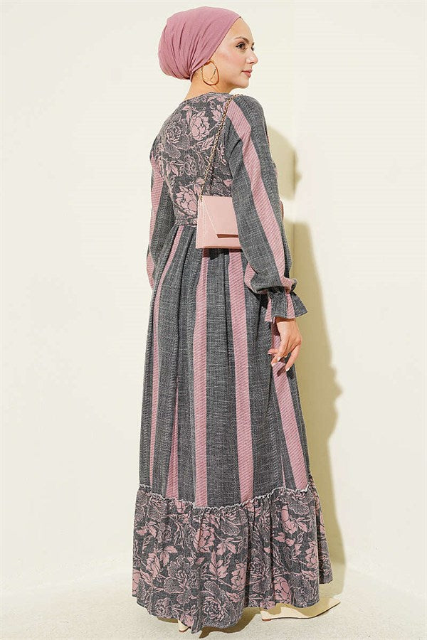 Half-Buttoned Dress with Floral Trim, Smoke Grey