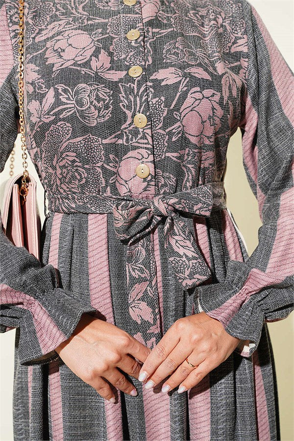 Half-Buttoned Dress with Floral Trim, Smoke Grey