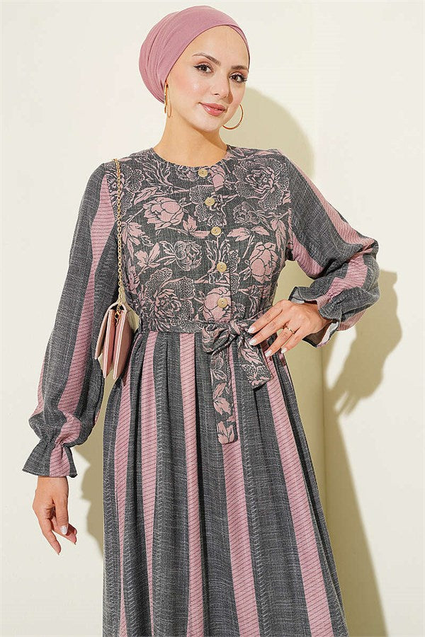 Half-Buttoned Dress with Floral Trim, Smoke Grey