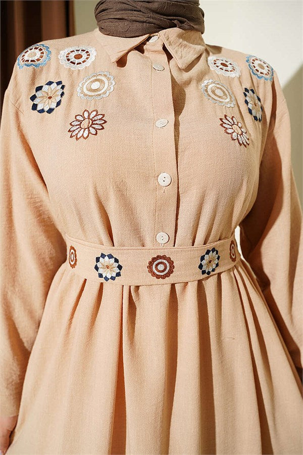 Half-Button Floral Embroidered Dress Beige