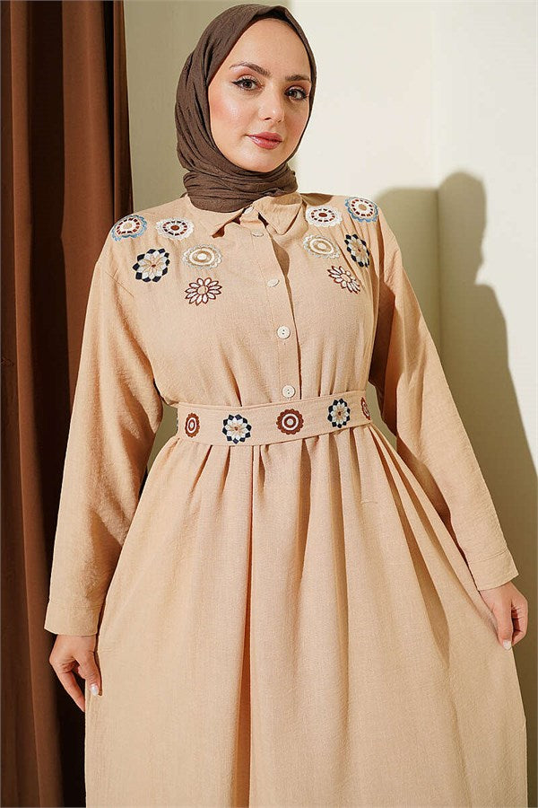 Half-Button Floral Embroidered Dress Beige