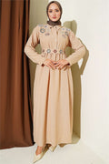Half-Button Floral Embroidered Dress Beige
