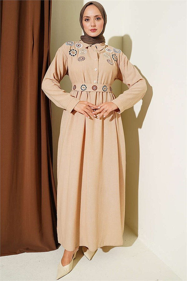Half-Button Floral Embroidered Dress Beige