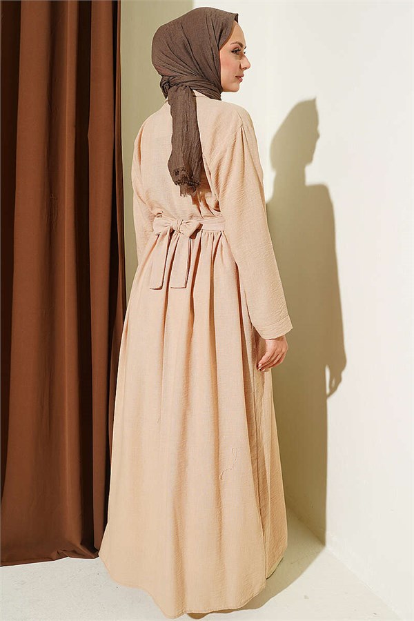 Half-Button Floral Embroidered Dress Beige