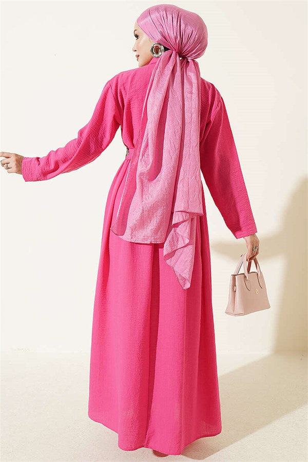 Half-Buttoned Floral Embroidered Dress, Fuchsia