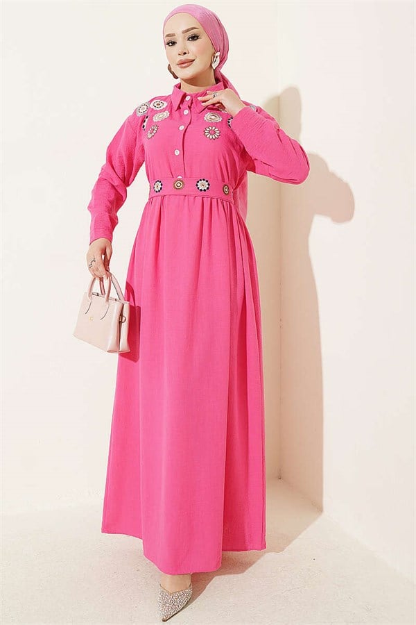 Half-Buttoned Floral Embroidered Dress, Fuchsia
