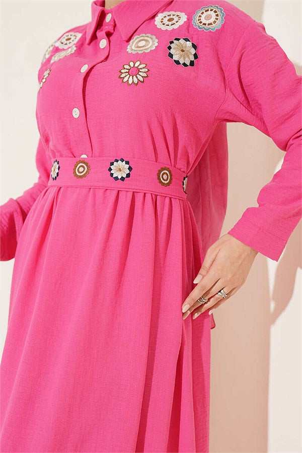 Half-Buttoned Floral Embroidered Dress, Fuchsia