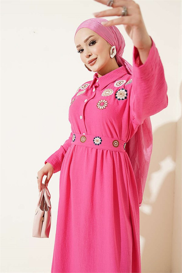 Half-Buttoned Floral Embroidered Dress, Fuchsia
