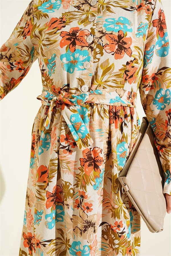 Half-Button Floral Linen Dress Beige