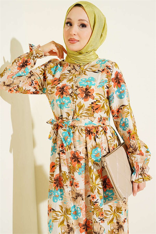 Half-Button Floral Linen Dress Beige