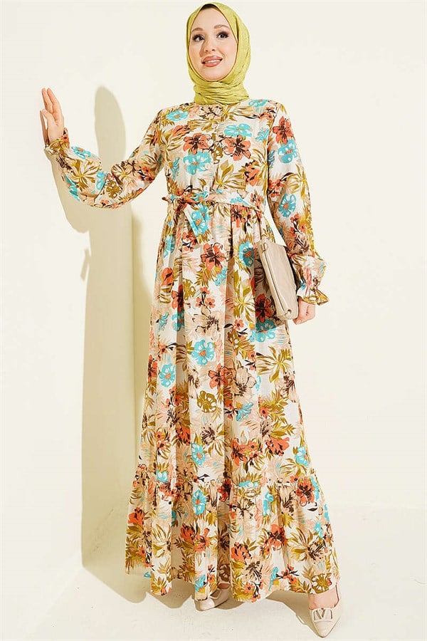 Half-Button Floral Linen Dress Beige