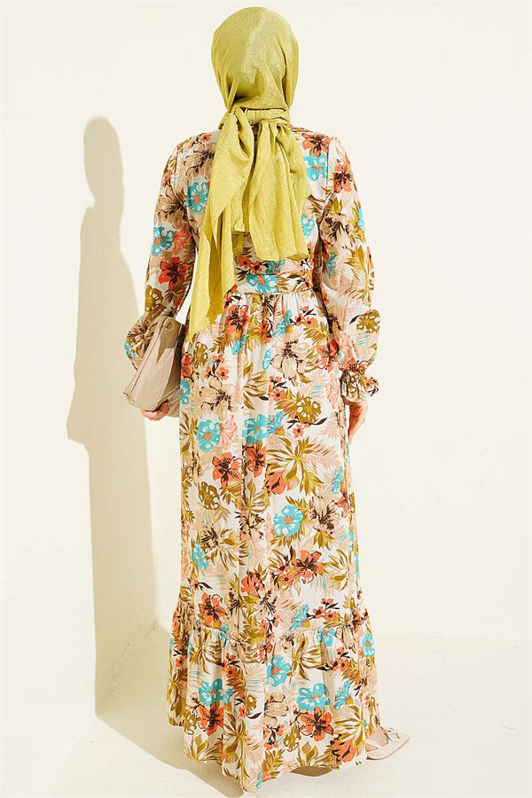 Half-Button Floral Linen Dress Beige
