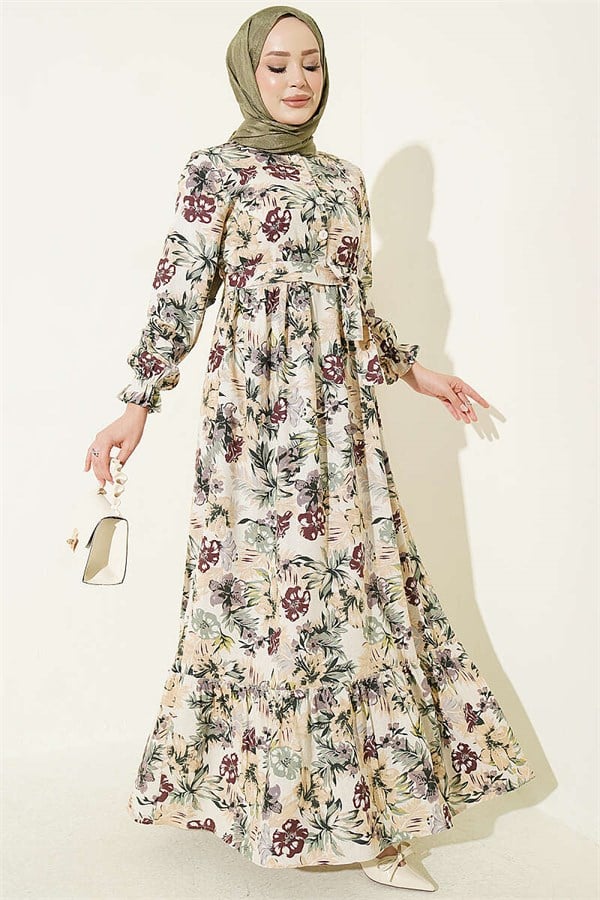 Half-Button Floral Linen Dress, Burgundy