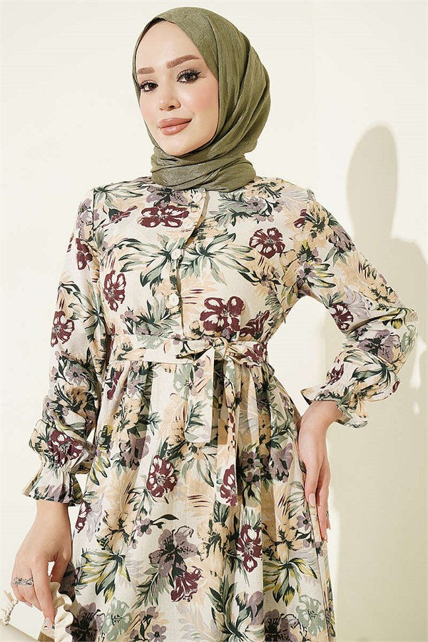 Half-Button Floral Linen Dress, Burgundy