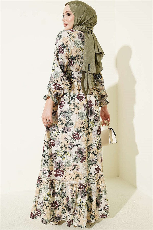 Half-Button Floral Linen Dress, Burgundy