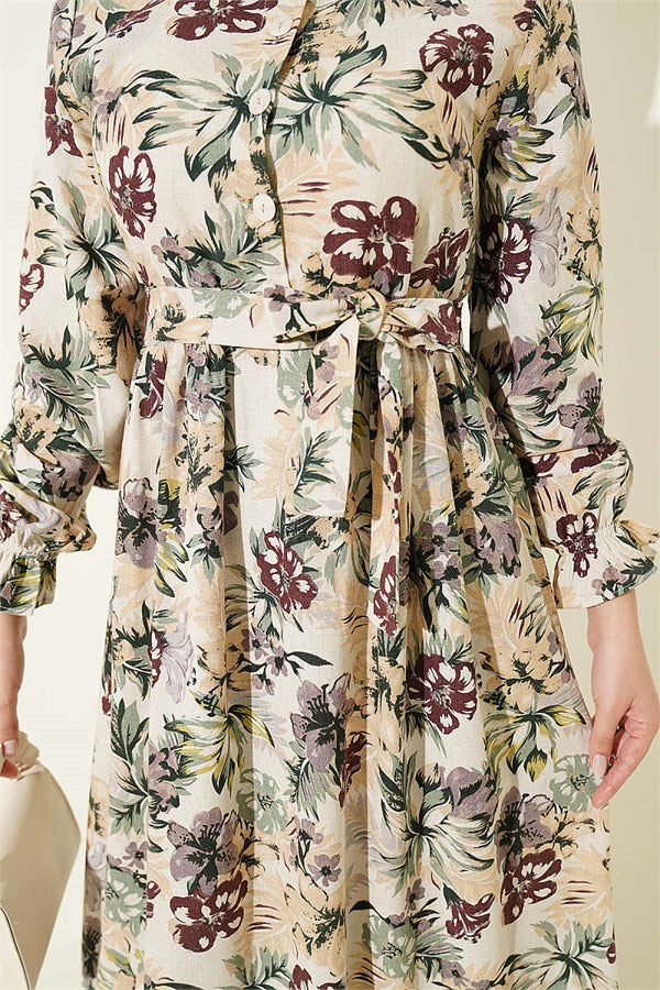 Half-Button Floral Linen Dress, Burgundy