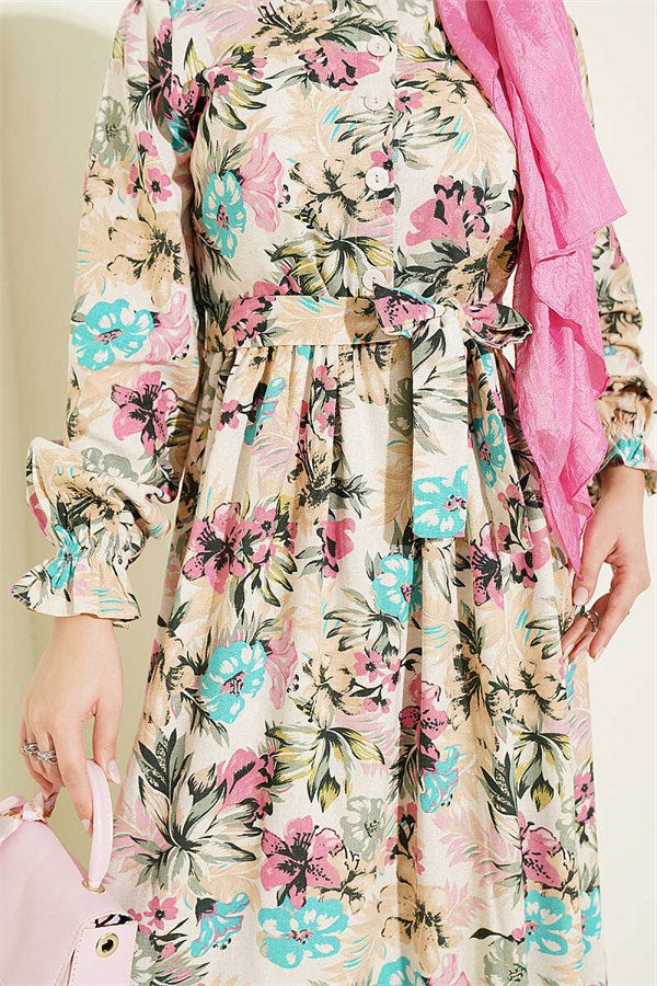 Half-Button Floral Linen Dress, Fuchsia