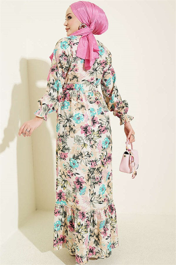 Half-Button Floral Linen Dress, Fuchsia