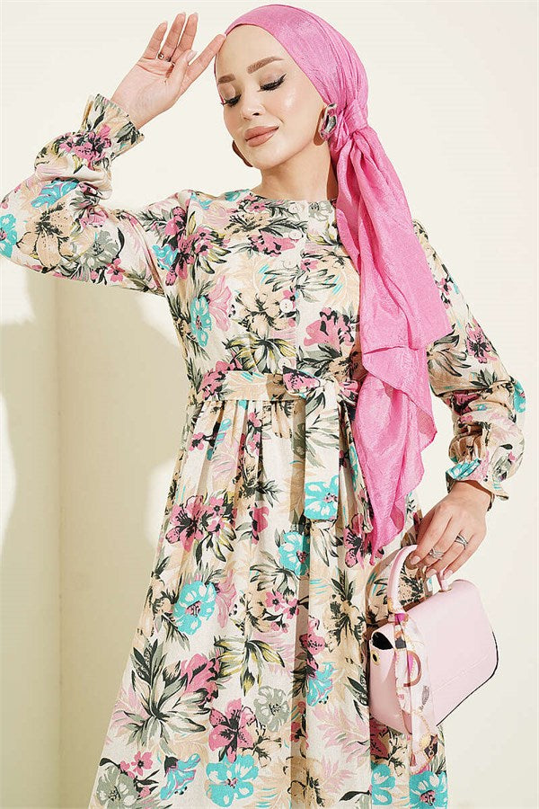 Half-Button Floral Linen Dress, Fuchsia