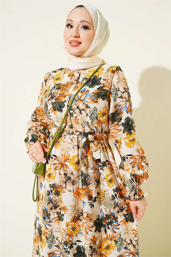 Half-Button Floral Linen Dress Mustard