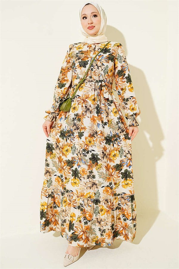 Half-Button Floral Linen Dress Mustard