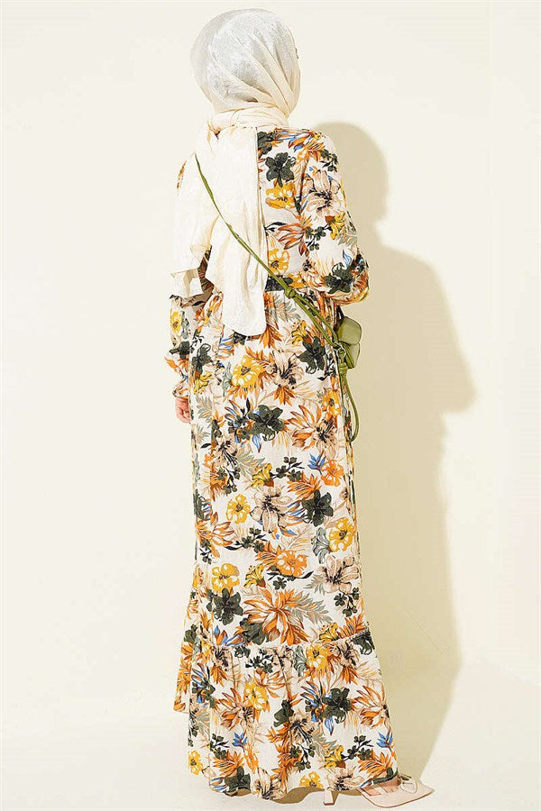 Half-Button Floral Linen Dress Mustard
