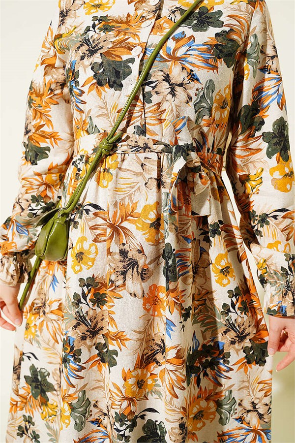 Half-Button Floral Linen Dress Mustard