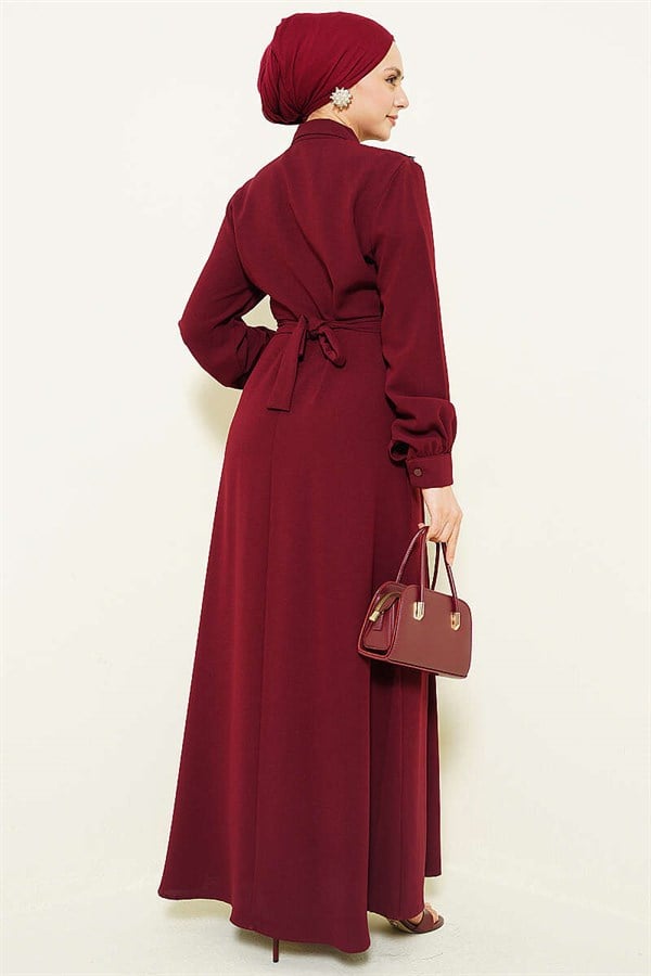 Half-Button Lace Detail Dress Burgundy