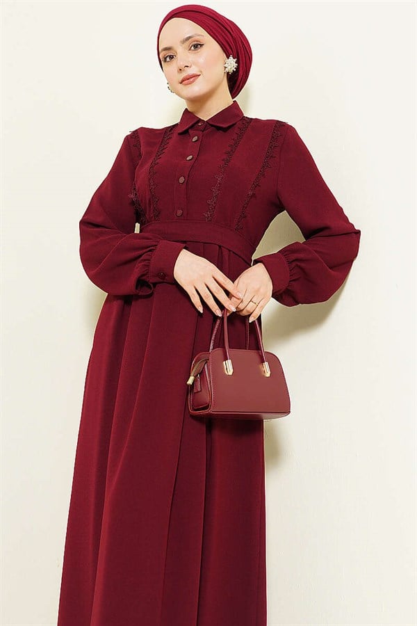 Half-Button Lace Detail Dress Burgundy