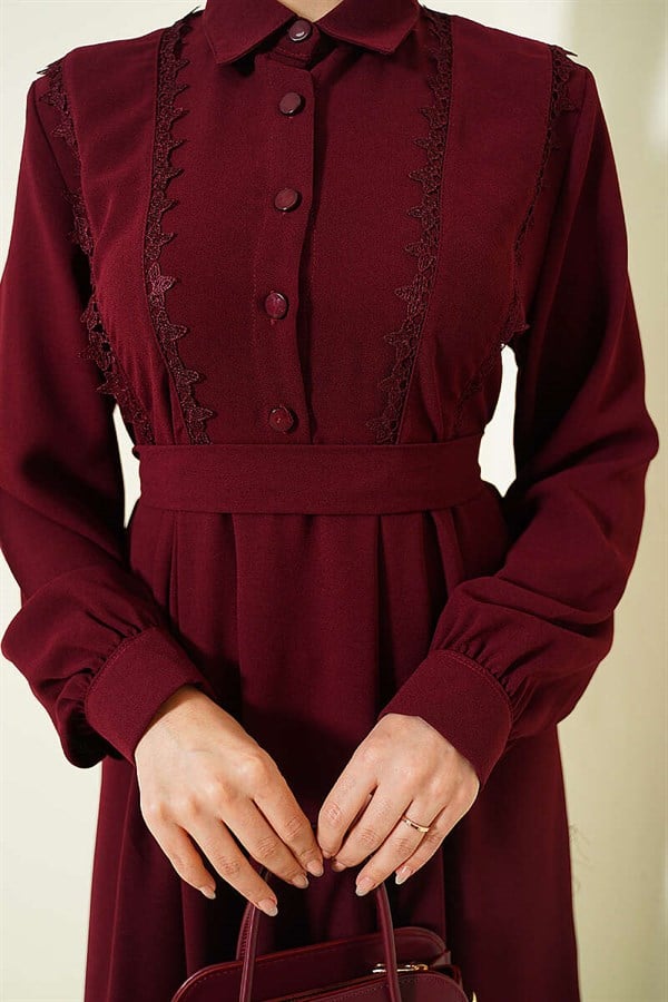 Half-Button Lace Detail Dress Burgundy