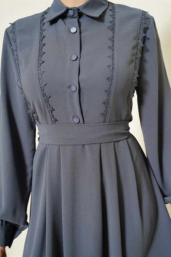 Half-Button Lace Detail Dress Grey