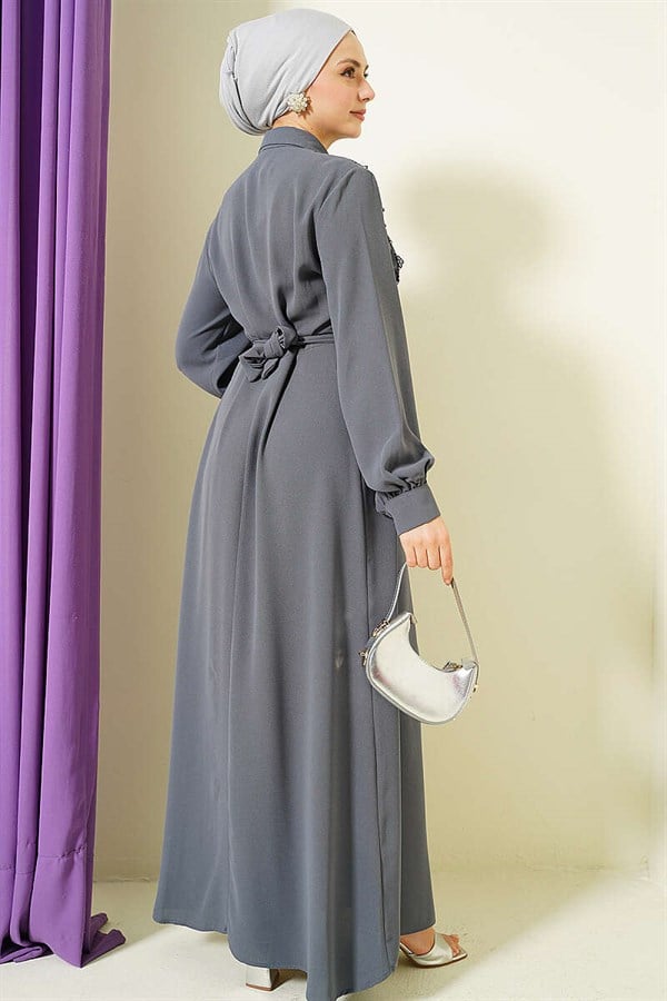 Half-Button Lace Detail Dress Grey
