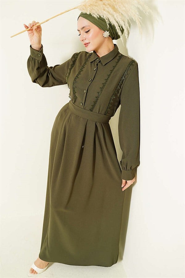 Half-Button Lace Detail Dress Khaki