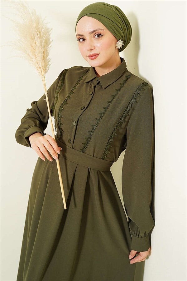 Half-Button Lace Detail Dress Khaki