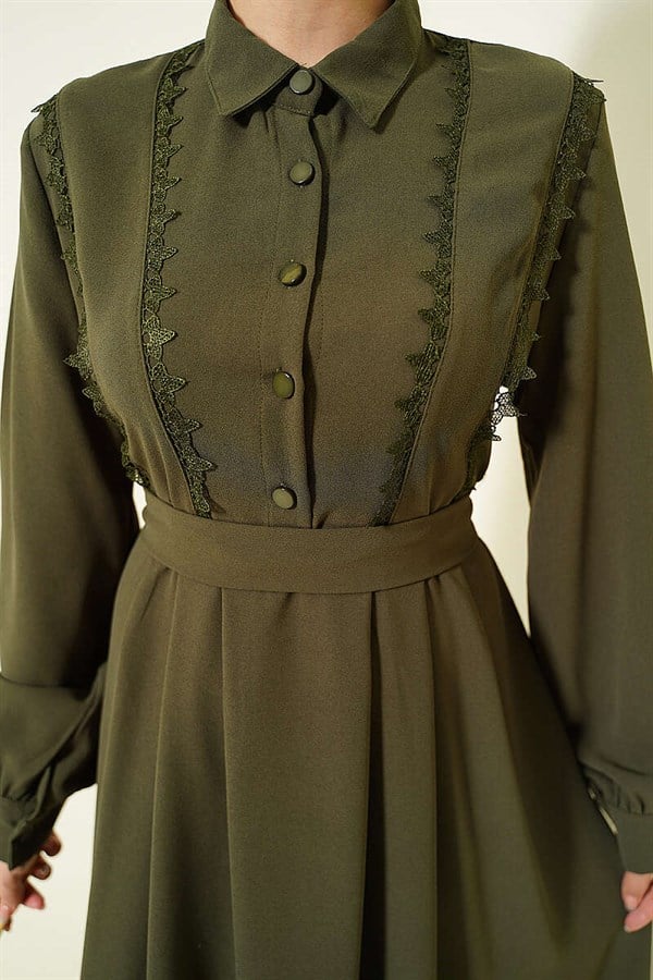 Half-Button Lace Detail Dress Khaki
