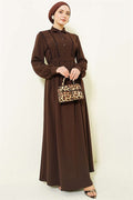Half-Button Lace Detail Dress in Brown