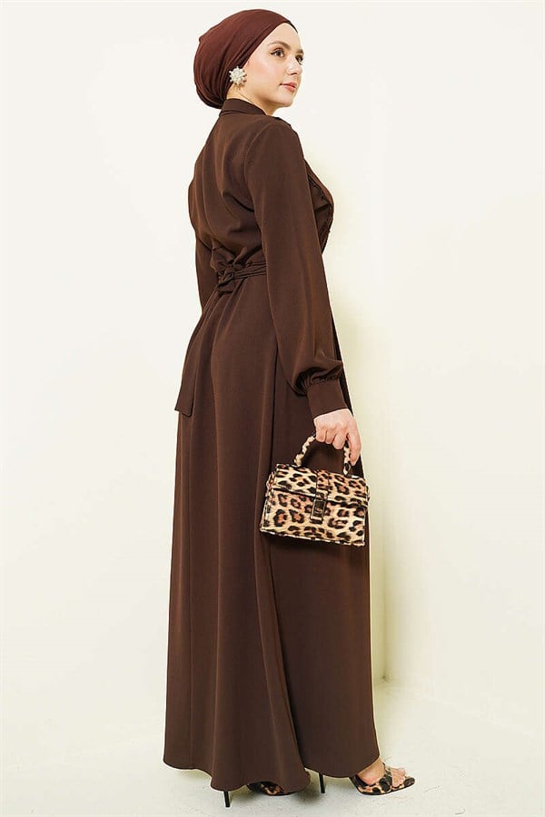 Half-Button Lace Detail Dress in Brown