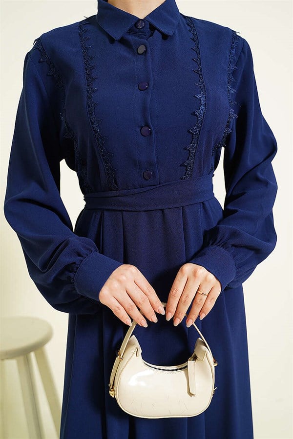 Half-Button Lace Detail Dress Navy Blue