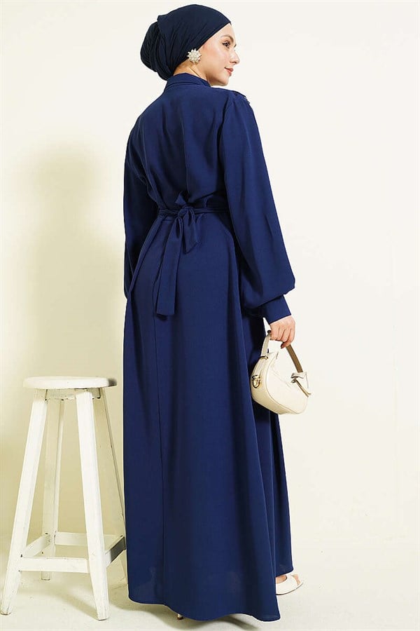 Half-Button Lace Detail Dress Navy Blue