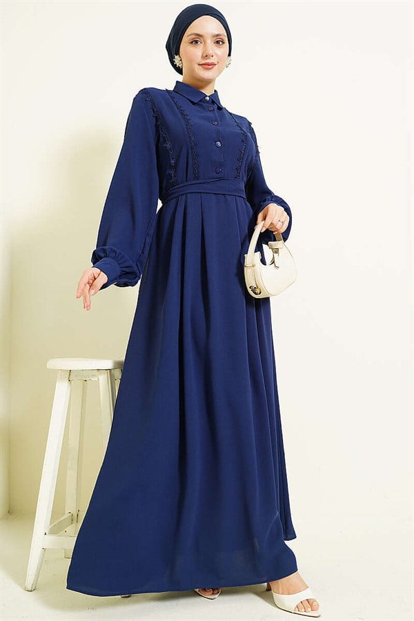 Half-Button Lace Detail Dress Navy Blue