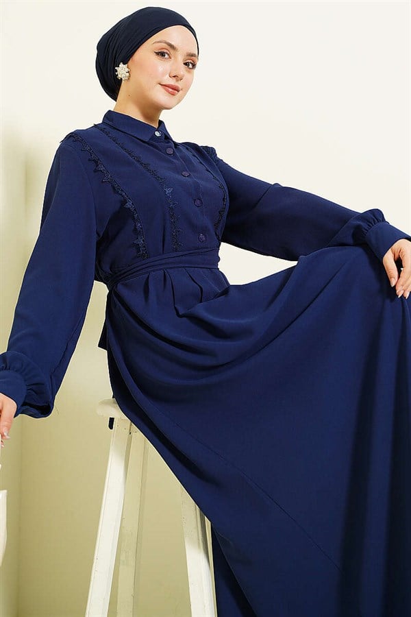Half-Button Lace Detail Dress Navy Blue