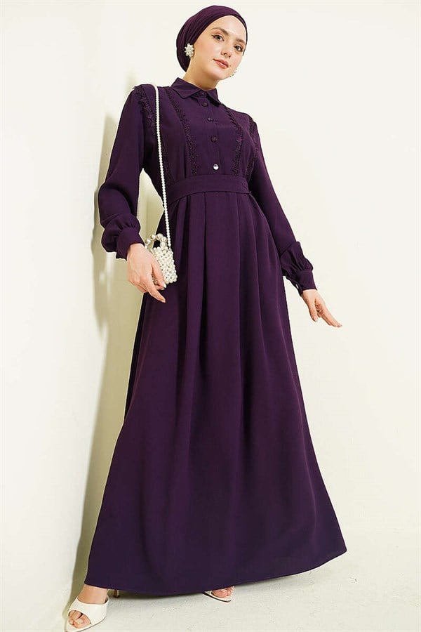 Half-Button Lace Detail Dress Purple