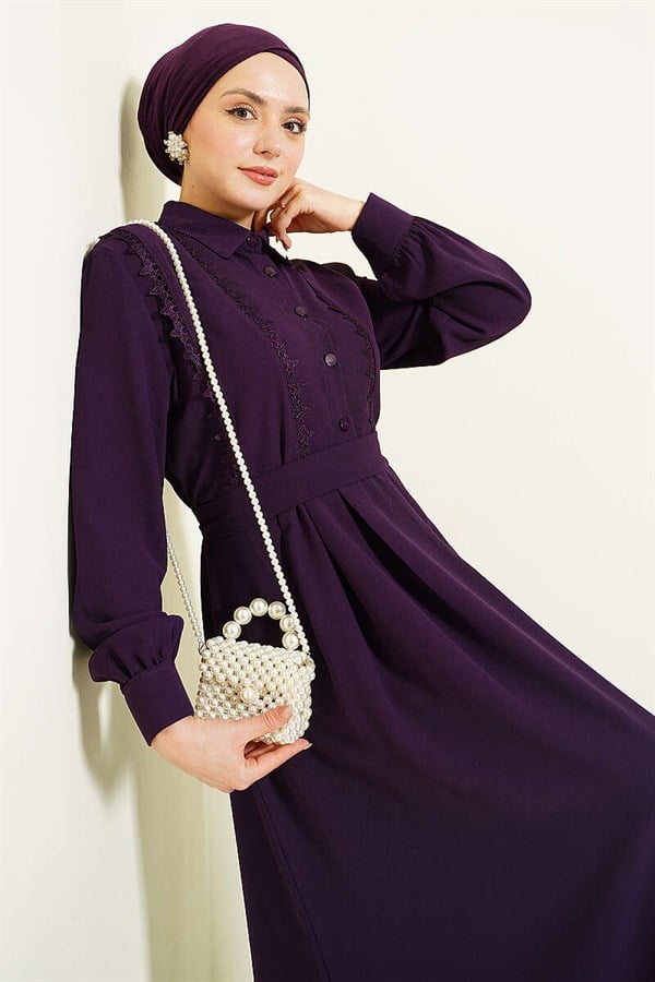 Half-Button Lace Detail Dress Purple