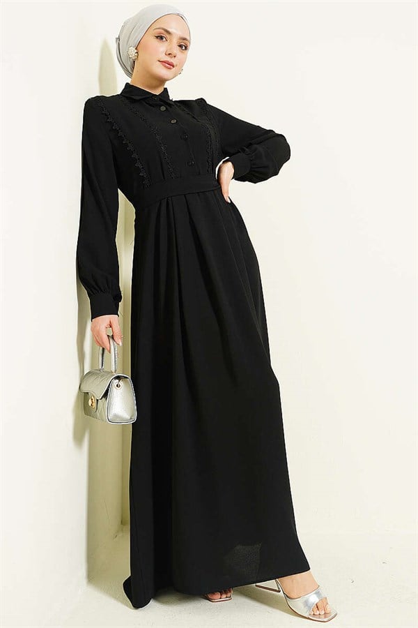 Half-Button Lace Detail Dress Black