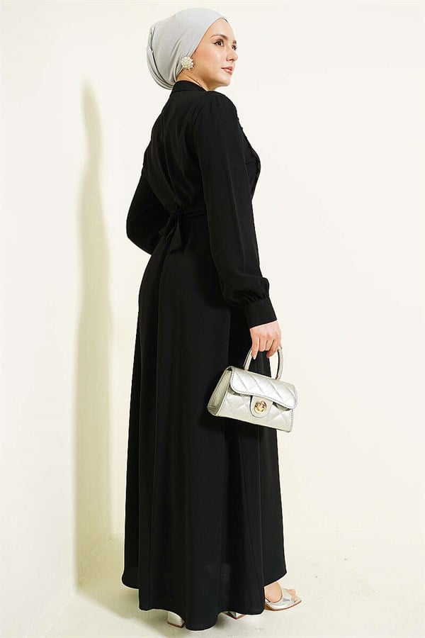 Half-Button Lace Detail Dress Black