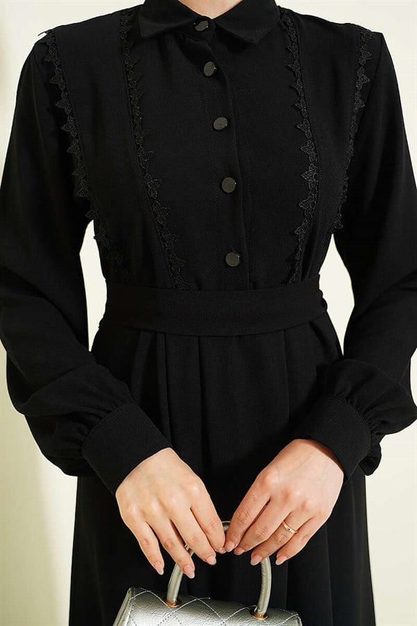 Half-Button Lace Detail Dress Black