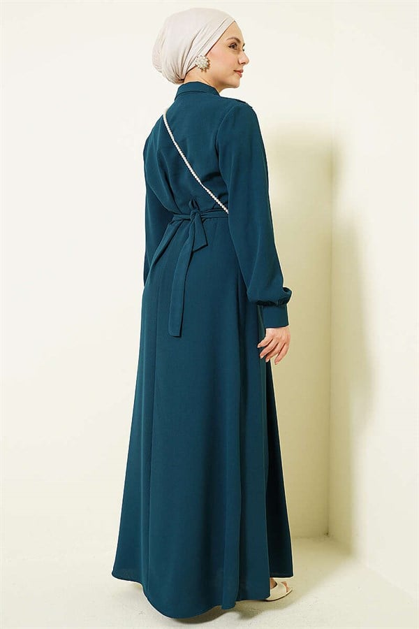 Half-Button Lace Detail Dress Emerald