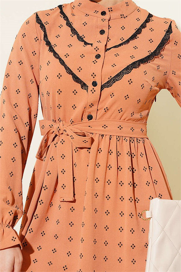 Half-Button Tunic with Lace Detail, Camel