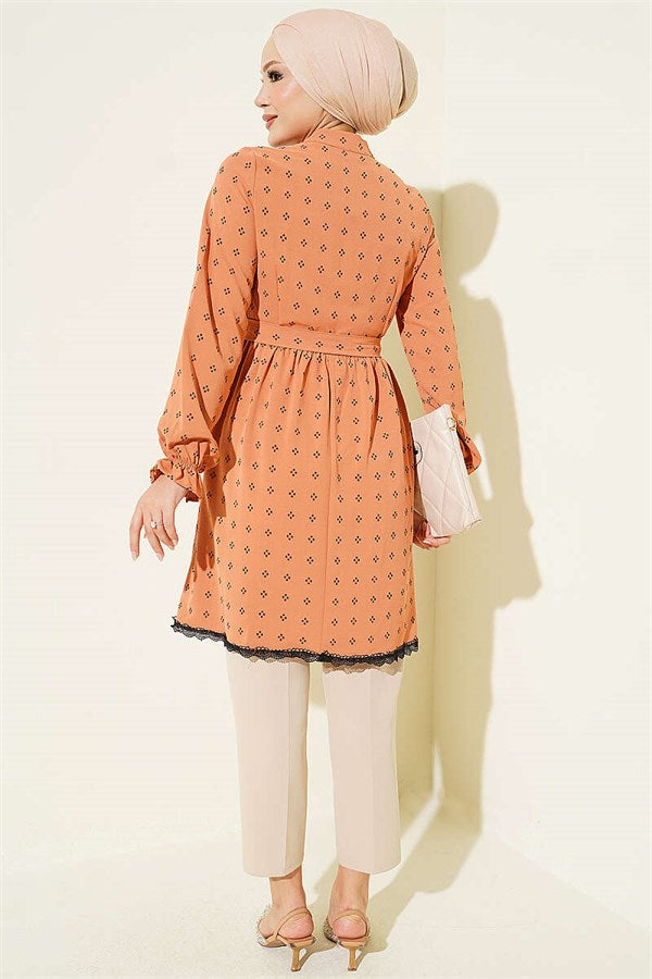 Half-Button Tunic with Lace Detail, Camel