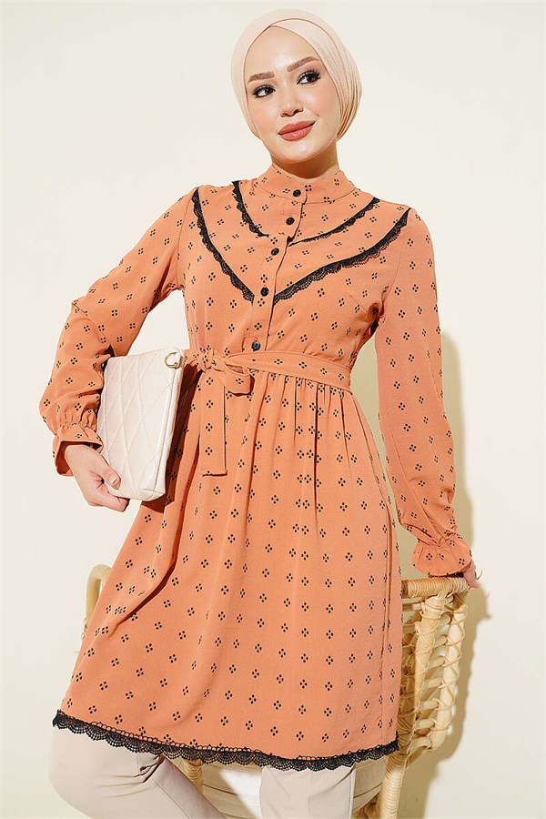 Half-Button Tunic with Lace Detail, Camel